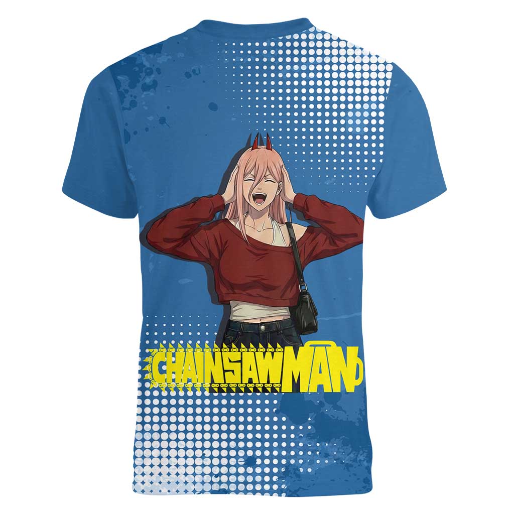 Power Chainsaw Man in Street Chic Women V-Neck T-Shirt Bold Blue Anime Aesthetic with Power