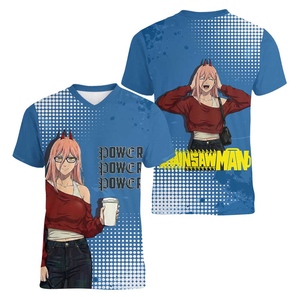 Power Chainsaw Man in Street Chic Women V-Neck T-Shirt Bold Blue Anime Aesthetic with Power