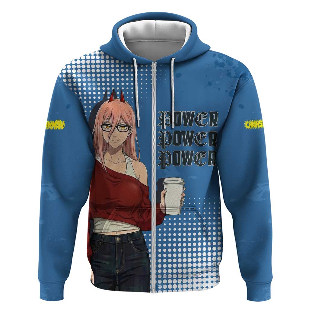 Power Chainsaw Man in Street Chic Zip Hoodie Bold Blue Anime Aesthetic with Power