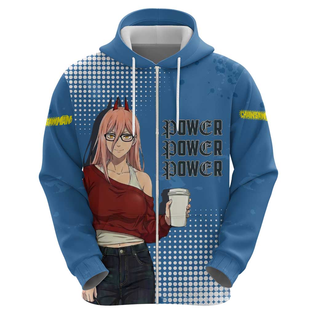 Power Chainsaw Man in Street Chic Zip Hoodie Bold Blue Anime Aesthetic with Power