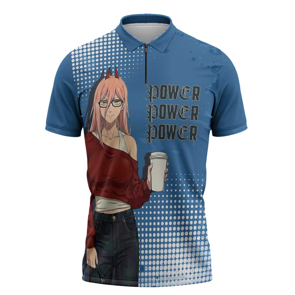 Power Chainsaw Man in Street Chic Zipper Polo Shirt Bold Blue Anime Aesthetic with Power