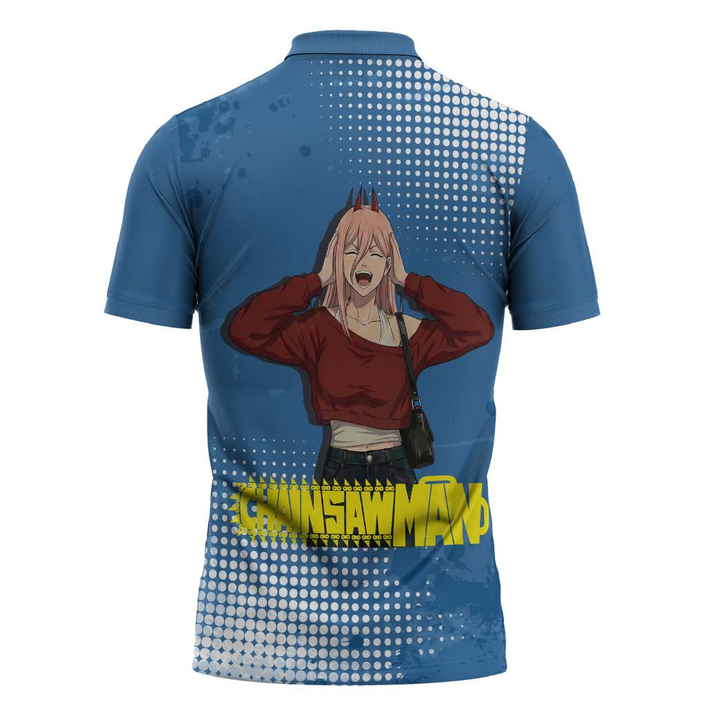 Power Chainsaw Man in Street Chic Zipper Polo Shirt Bold Blue Anime Aesthetic with Power