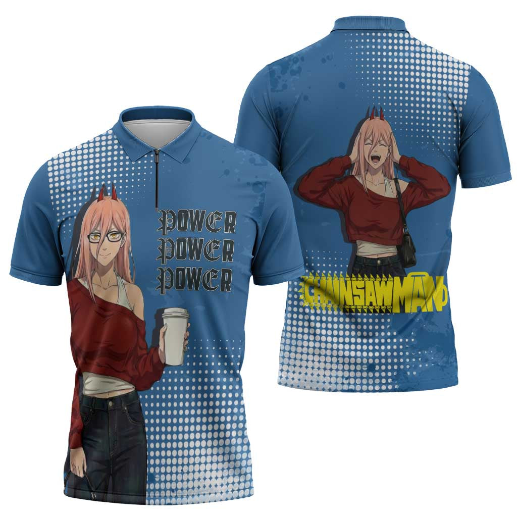 Power Chainsaw Man in Street Chic Zipper Polo Shirt Bold Blue Anime Aesthetic with Power