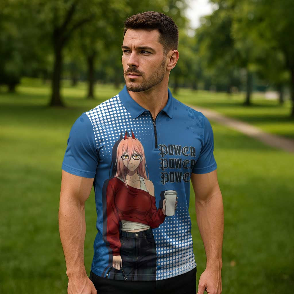 Power Chainsaw Man in Street Chic Zipper Polo Shirt Bold Blue Anime Aesthetic with Power