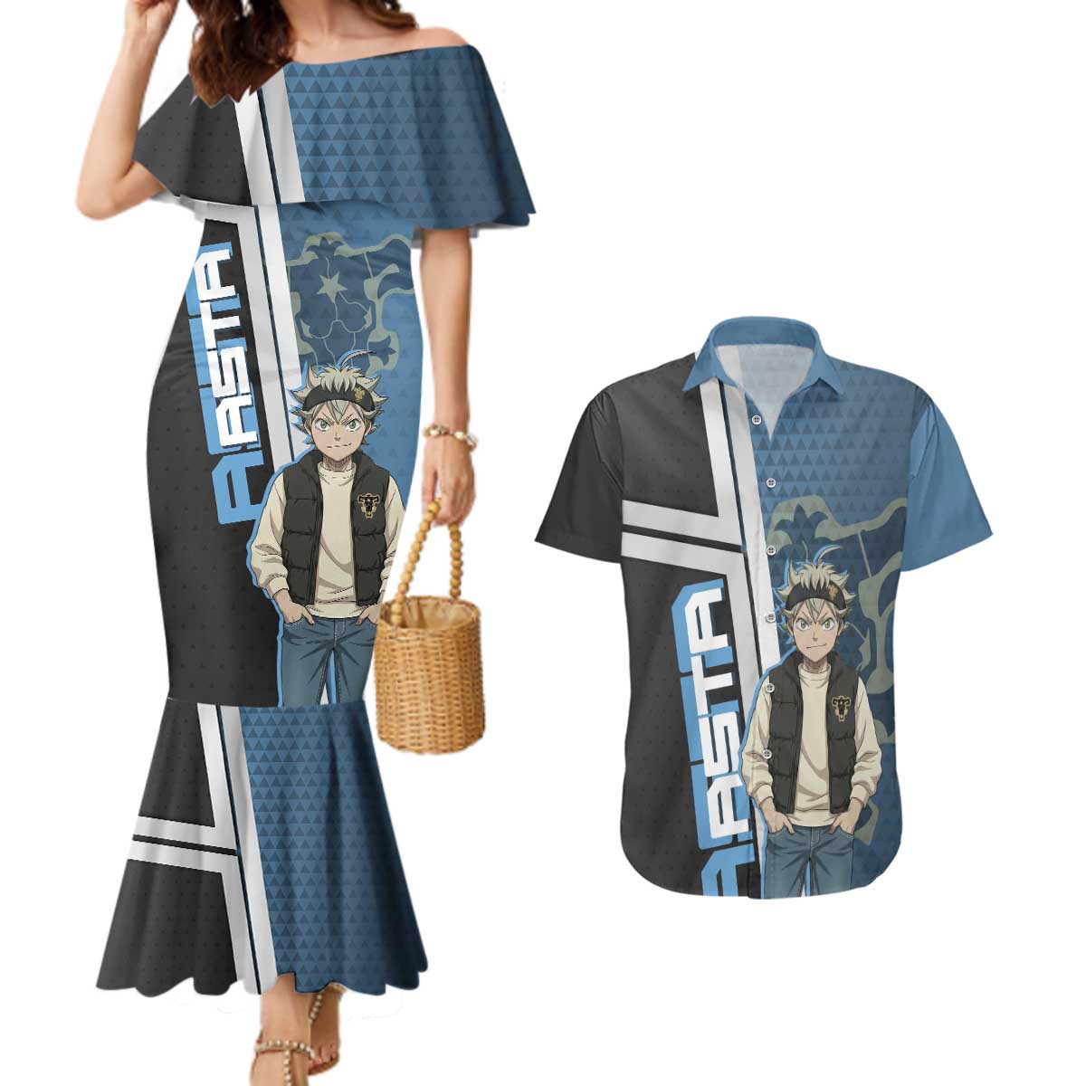 Asta from Black Clover in Modern Streetwear Couples Matching Mermaid Dress and Hawaiian Shirt Black Clover Anime Aesthetic - Asta Style