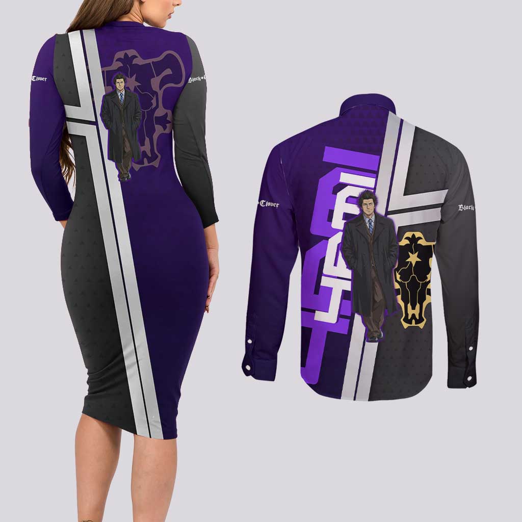Yami Sukehiro Couples Matching Long Sleeve Bodycon Dress and Long Sleeve Button Shirt Dark Anime Graphic Style