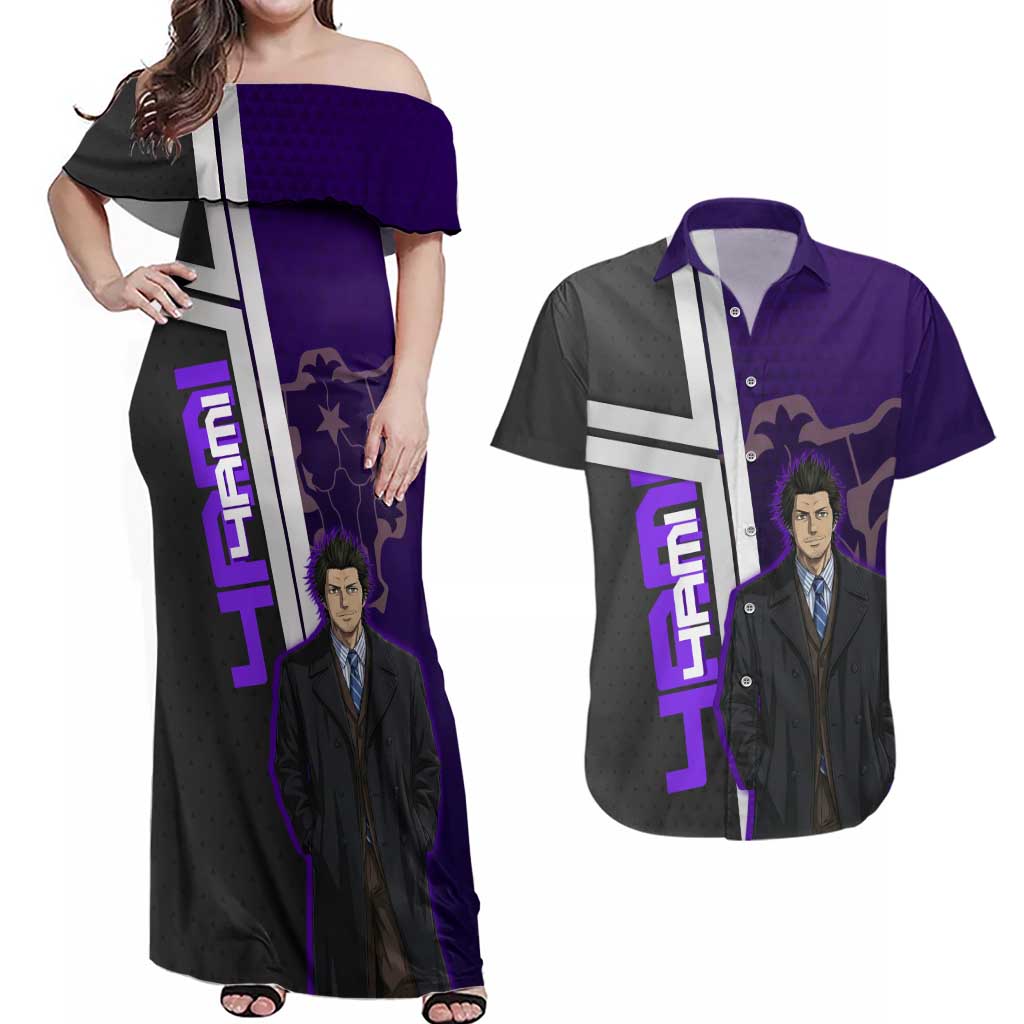 Yami Sukehiro Couples Matching Off Shoulder Maxi Dress and Hawaiian Shirt Dark Anime Graphic Style