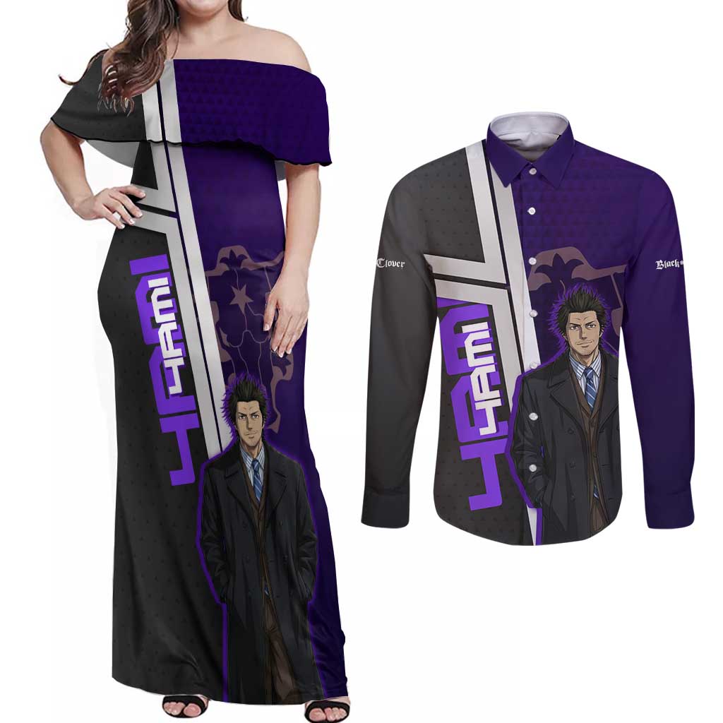 Yami Sukehiro Couples Matching Off Shoulder Maxi Dress and Long Sleeve Button Shirt Dark Anime Graphic Style