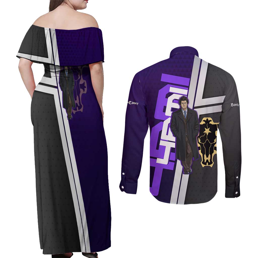 Yami Sukehiro Couples Matching Off Shoulder Maxi Dress and Long Sleeve Button Shirt Dark Anime Graphic Style
