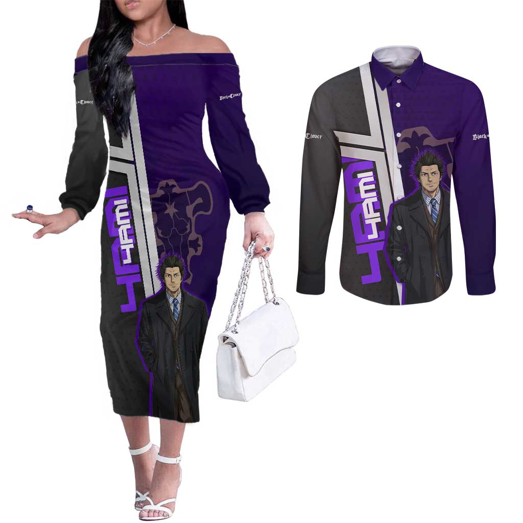 Yami Sukehiro Couples Matching Off The Shoulder Long Sleeve Dress and Long Sleeve Button Shirt Dark Anime Graphic Style