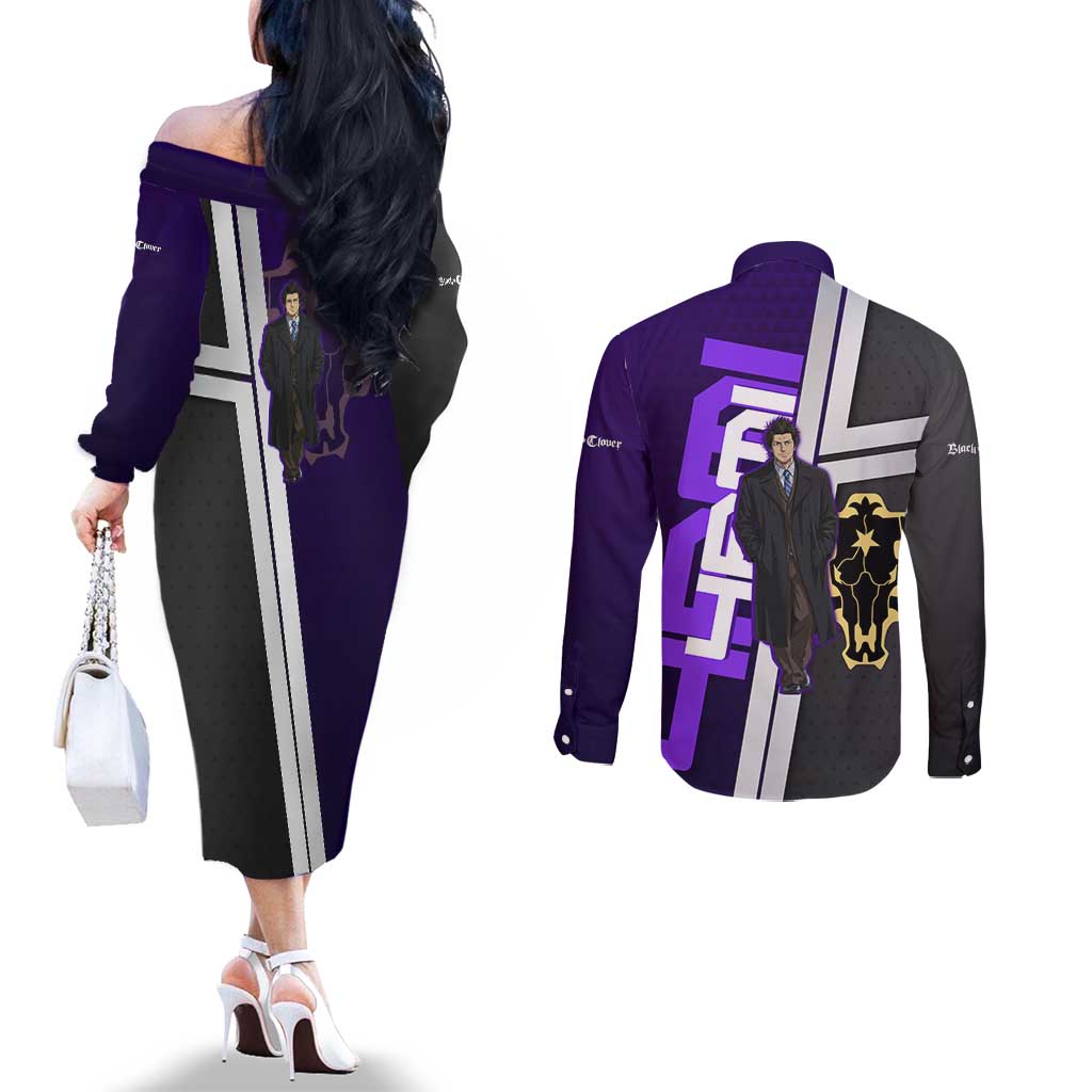 Yami Sukehiro Couples Matching Off The Shoulder Long Sleeve Dress and Long Sleeve Button Shirt Dark Anime Graphic Style