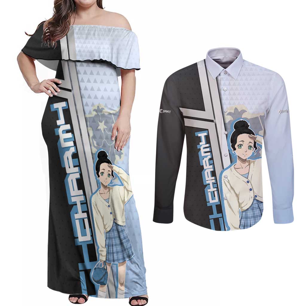 Charmy Pappitson Couples Matching Off Shoulder Maxi Dress and Long Sleeve Button Shirt Soft Pastel Anime Style