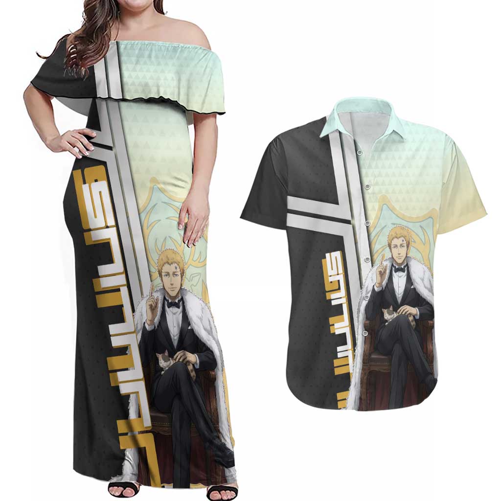 Julius Novachrono Couples Matching Off Shoulder Maxi Dress and Hawaiian Shirt Regal Anime Illustration Style
