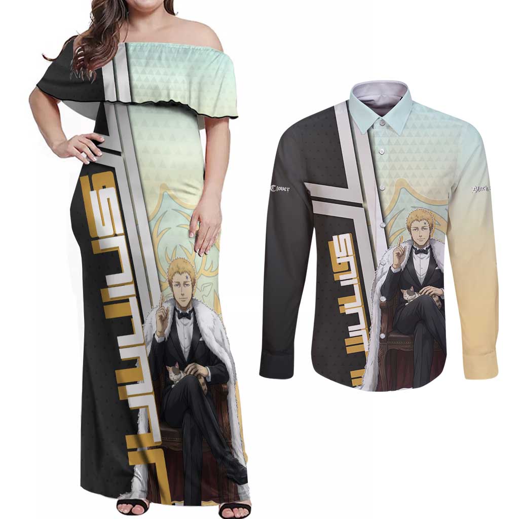 Julius Novachrono Couples Matching Off Shoulder Maxi Dress and Long Sleeve Button Shirt Regal Anime Illustration Style