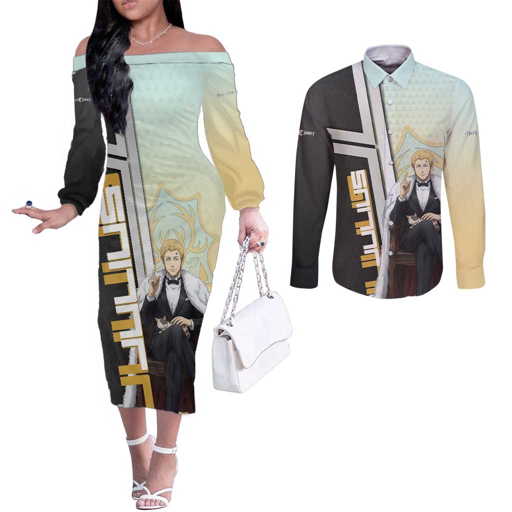 Julius Novachrono Couples Matching Off The Shoulder Long Sleeve Dress and Long Sleeve Button Shirt Regal Anime Illustration Style