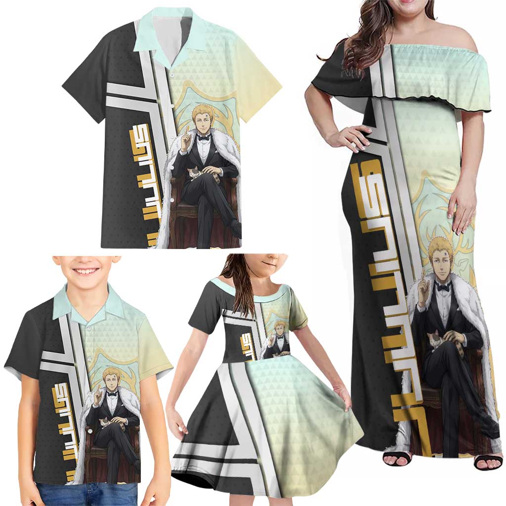 Julius Novachrono Family Matching Off Shoulder Maxi Dress and Hawaiian Shirt Regal Anime Illustration Style