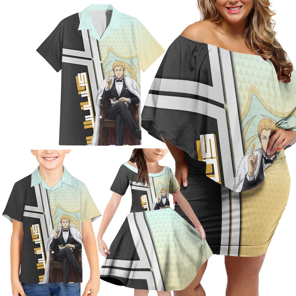 Julius Novachrono Family Matching Off Shoulder Short Dress and Hawaiian Shirt Regal Anime Illustration Style