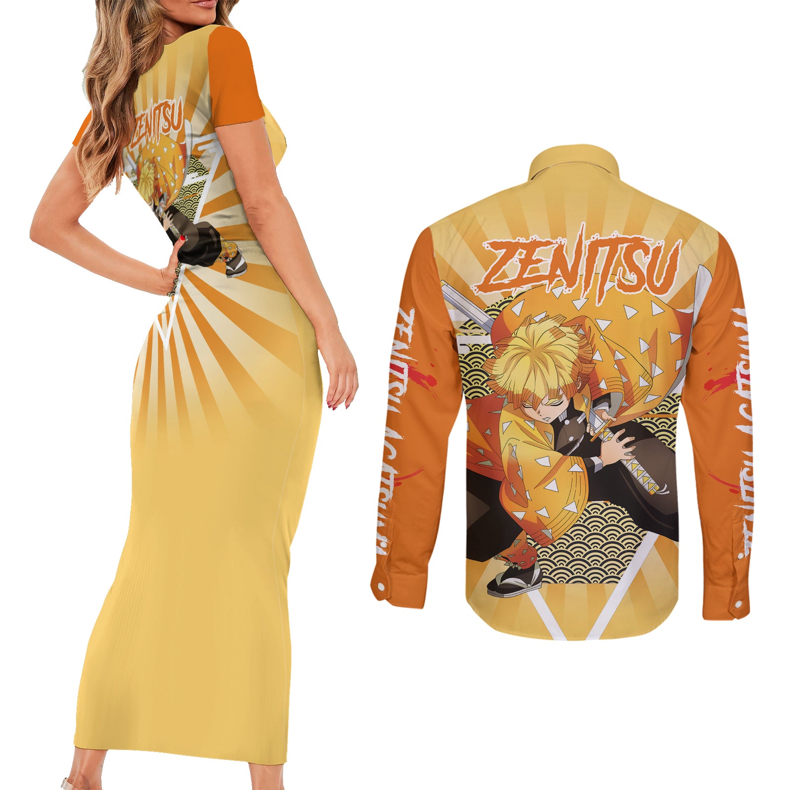 Zenitsu Agatsuma Couples Matching Short Sleeve Bodycon Dress and Long Sleeve Button Shirt Demon Slayer