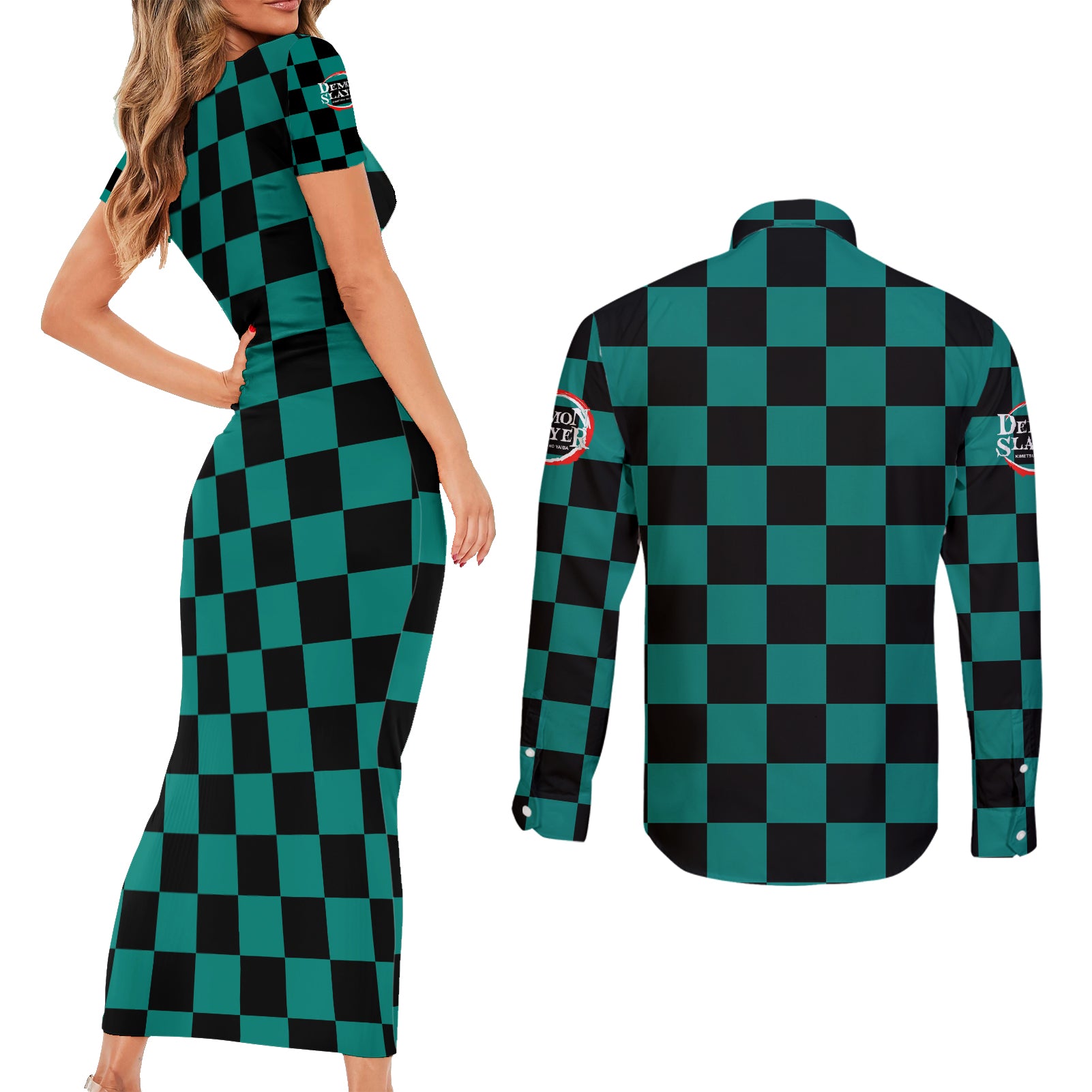 Kamado Tanjro Couples Matching Short Sleeve Bodycon Dress and Long Sleeve Button Shirt Demon Slayer