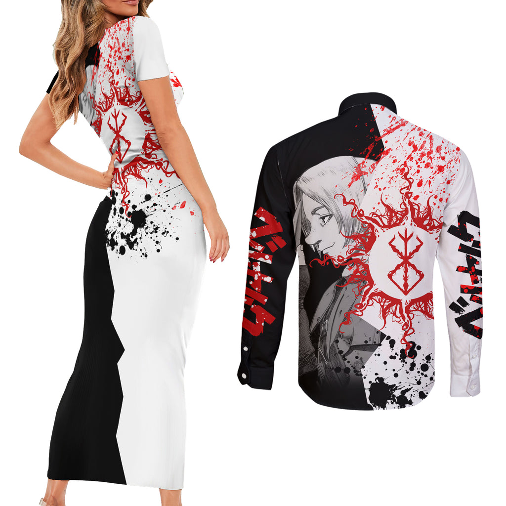 Judeau Berserk Couples Matching Short Sleeve Bodycon Dress and Long Sleeve Button Shirt Anime Run Symbol Blood Style