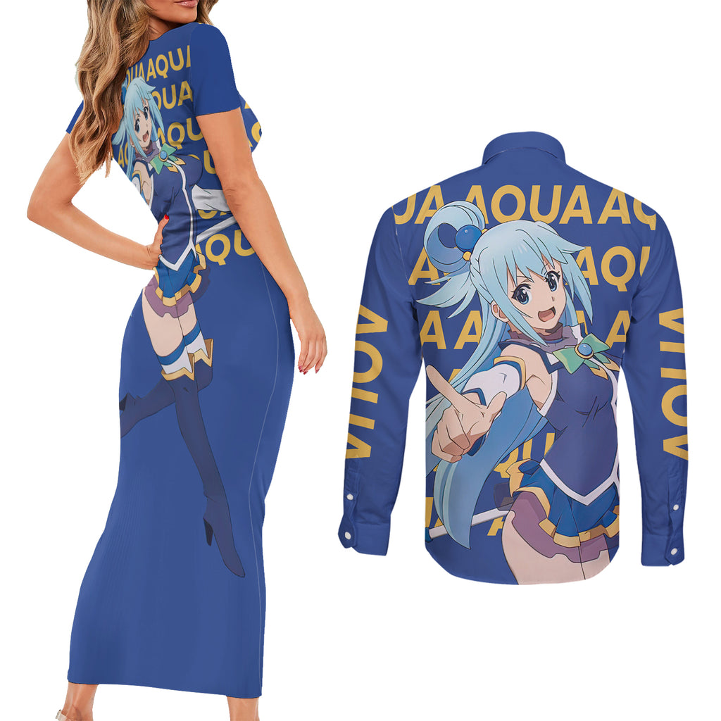 Aqua KonoSuba Couples Matching Short Sleeve Bodycon Dress and Long Sleeve Button Shirt Anime Style