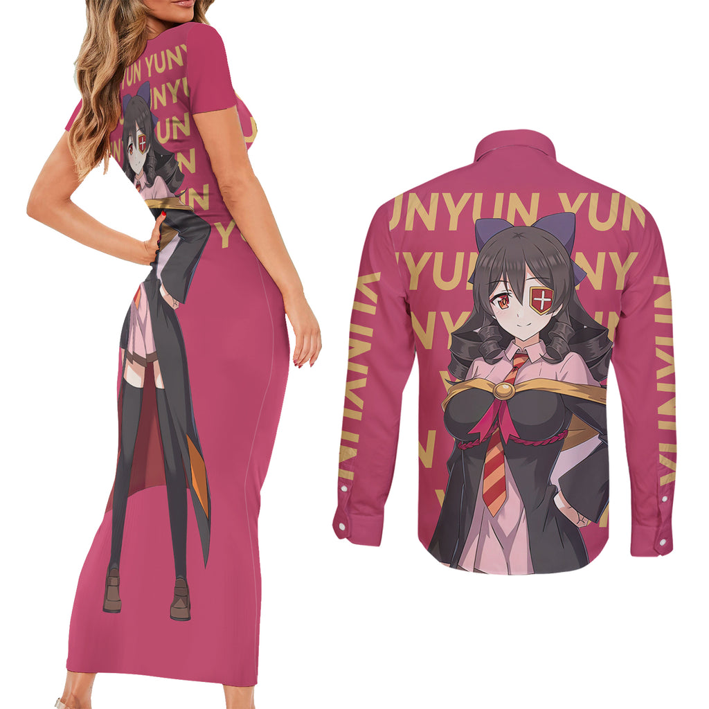 Yunyun KonoSuba Couples Matching Short Sleeve Bodycon Dress and Long Sleeve Button Shirt Anime Style