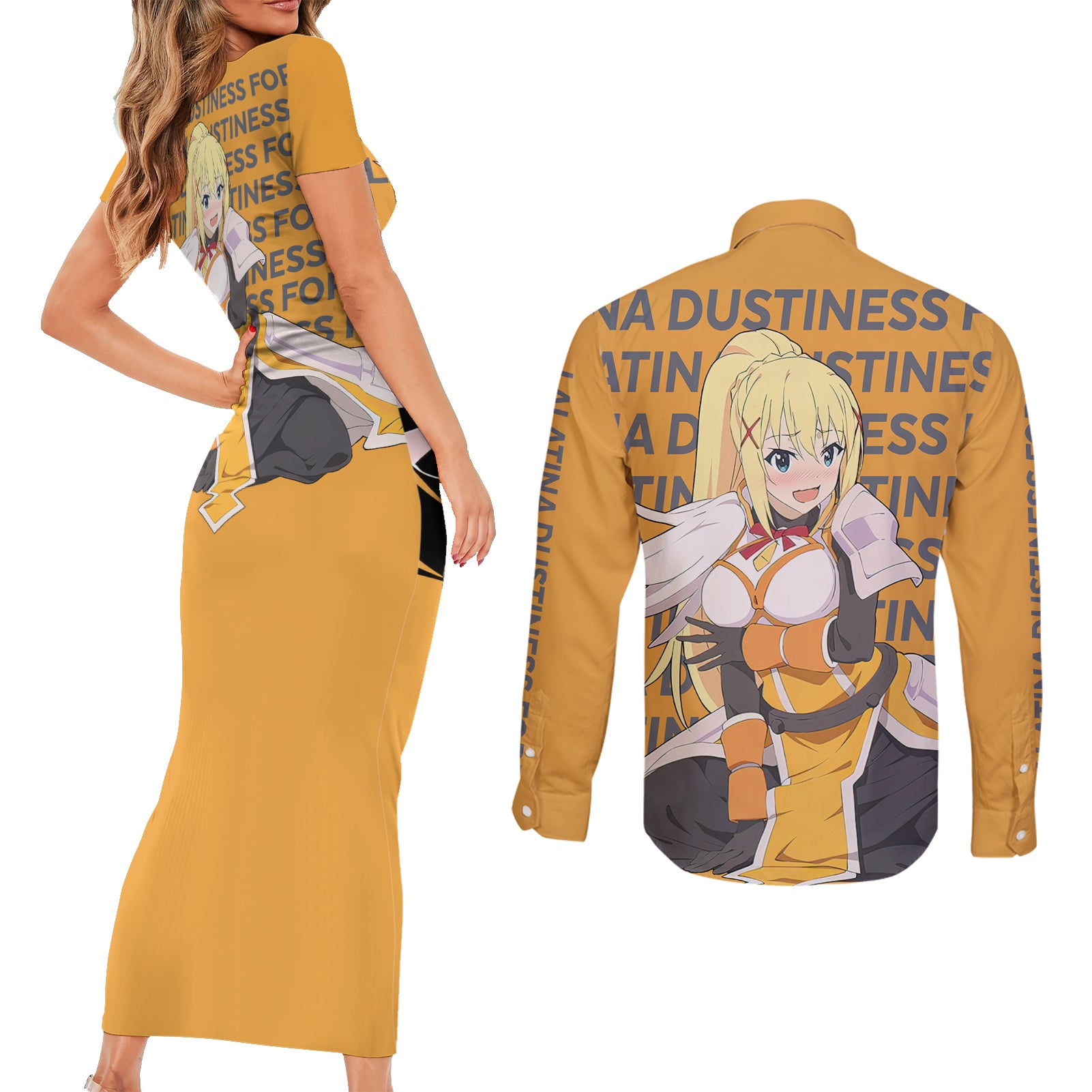 Lalatina Dustiness Ford KonoSuba Couples Matching Short Sleeve Bodycon Dress and Long Sleeve Button Shirt Anime Style