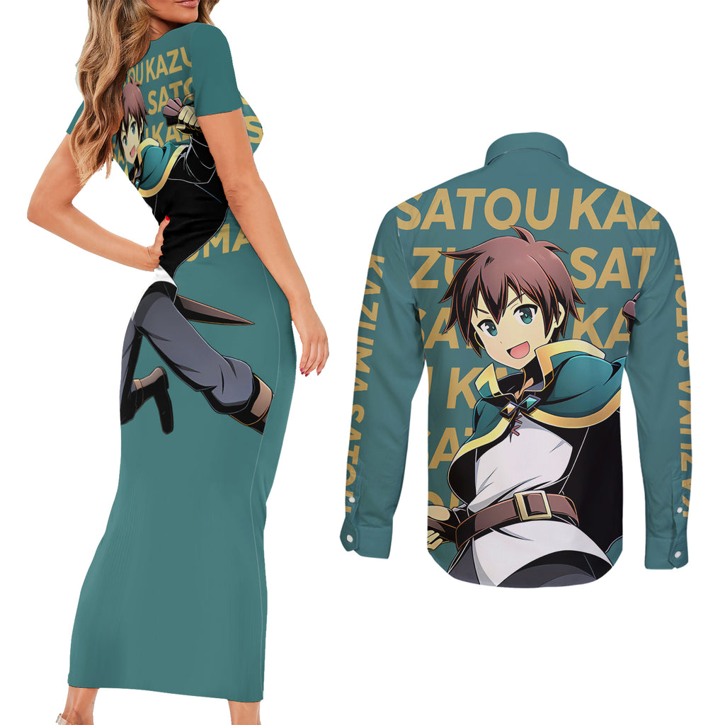 Kazuma Satou KonoSuba Couples Matching Short Sleeve Bodycon Dress and Long Sleeve Button Shirt Anime Style