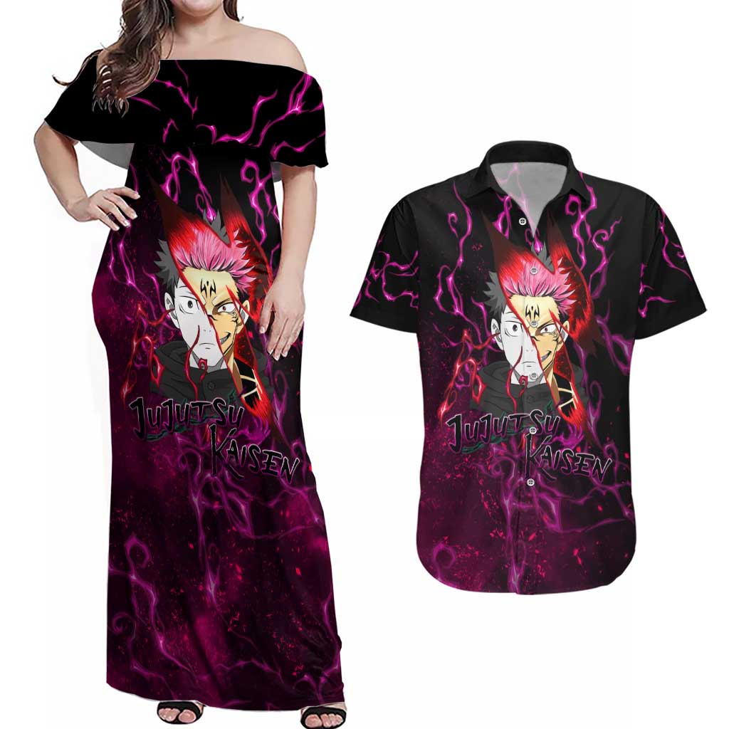 Itadori Yuji & Ryomen Sukuna - Jujutsu Kaisen Couples Matching Off Shoulder Maxi Dress and Hawaiian Shirt Pattern Anime Mix Manga Style