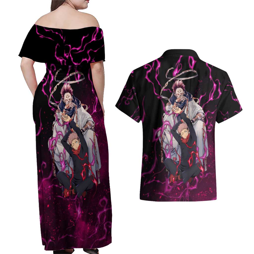 Itadori Yuji & Ryomen Sukuna - Jujutsu Kaisen Couples Matching Off Shoulder Maxi Dress and Hawaiian Shirt Pattern Anime Mix Manga Style