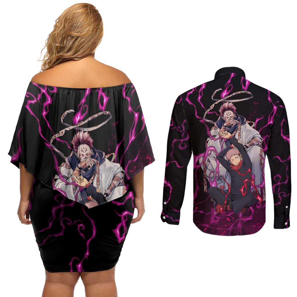 Itadori Yuji & Ryomen Sukuna - Jujutsu Kaisen Couples Matching Off Shoulder Short Dress and Long Sleeve Button Shirt Pattern Anime Mix Manga Style