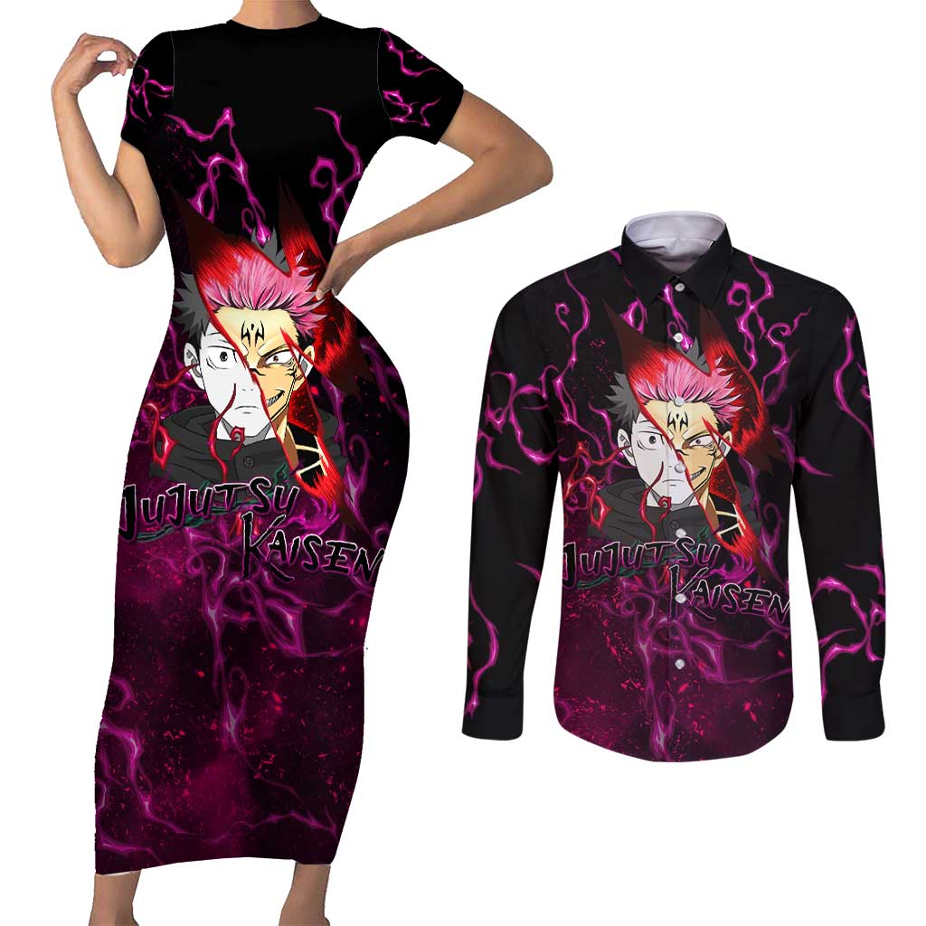 Itadori Yuji & Ryomen Sukuna - Jujutsu Kaisen Couples Matching Short Sleeve Bodycon Dress and Long Sleeve Button Shirt Pattern Anime Mix Manga Style