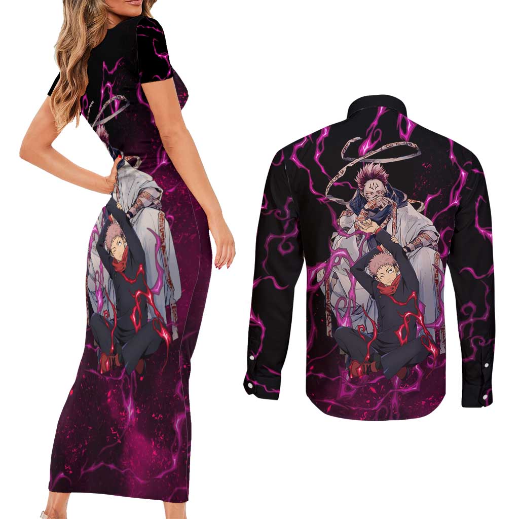 Itadori Yuji & Ryomen Sukuna - Jujutsu Kaisen Couples Matching Short Sleeve Bodycon Dress and Long Sleeve Button Shirt Pattern Anime Mix Manga Style