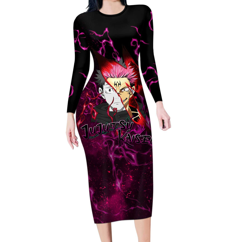 Itadori Yuji & Ryomen Sukuna - Jujutsu Kaisen Long Sleeve Bodycon Dress Pattern Anime Mix Manga Style