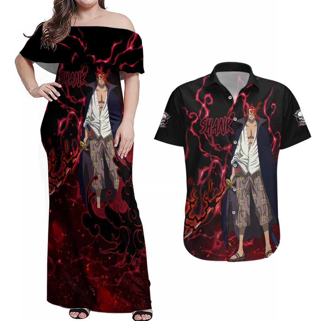 Yonko Shank - Red Hair Pirate - One Piece Couples Matching Off Shoulder Maxi Dress and Hawaiian Shirt Haki Pattern Anime Style