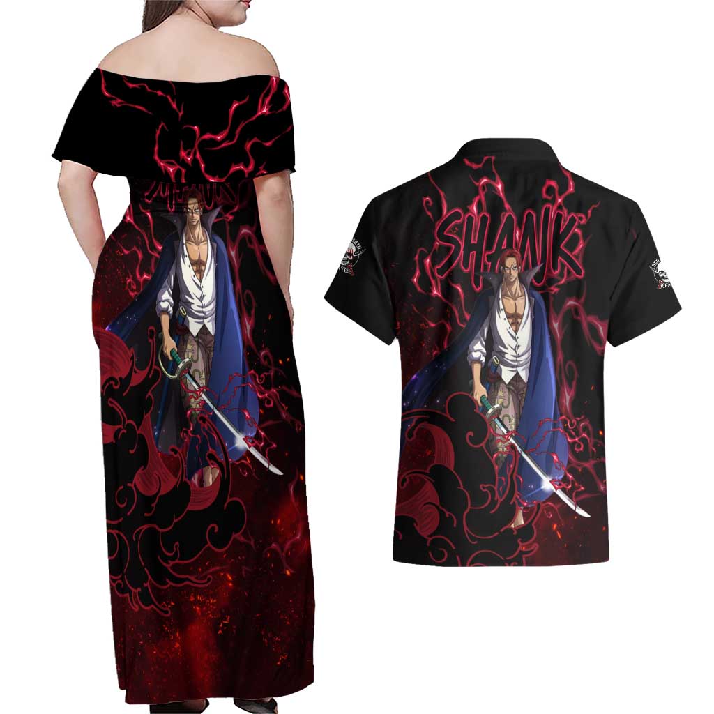 Yonko Shank - Red Hair Pirate - One Piece Couples Matching Off Shoulder Maxi Dress and Hawaiian Shirt Haki Pattern Anime Style