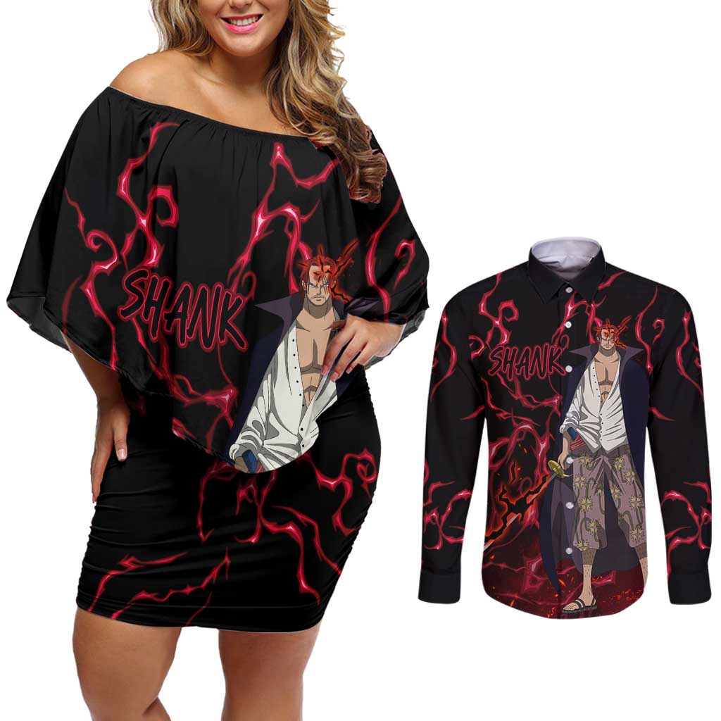 Yonko Shank - Red Hair Pirate - One Piece Couples Matching Off Shoulder Short Dress and Long Sleeve Button Shirt Haki Pattern Anime Style