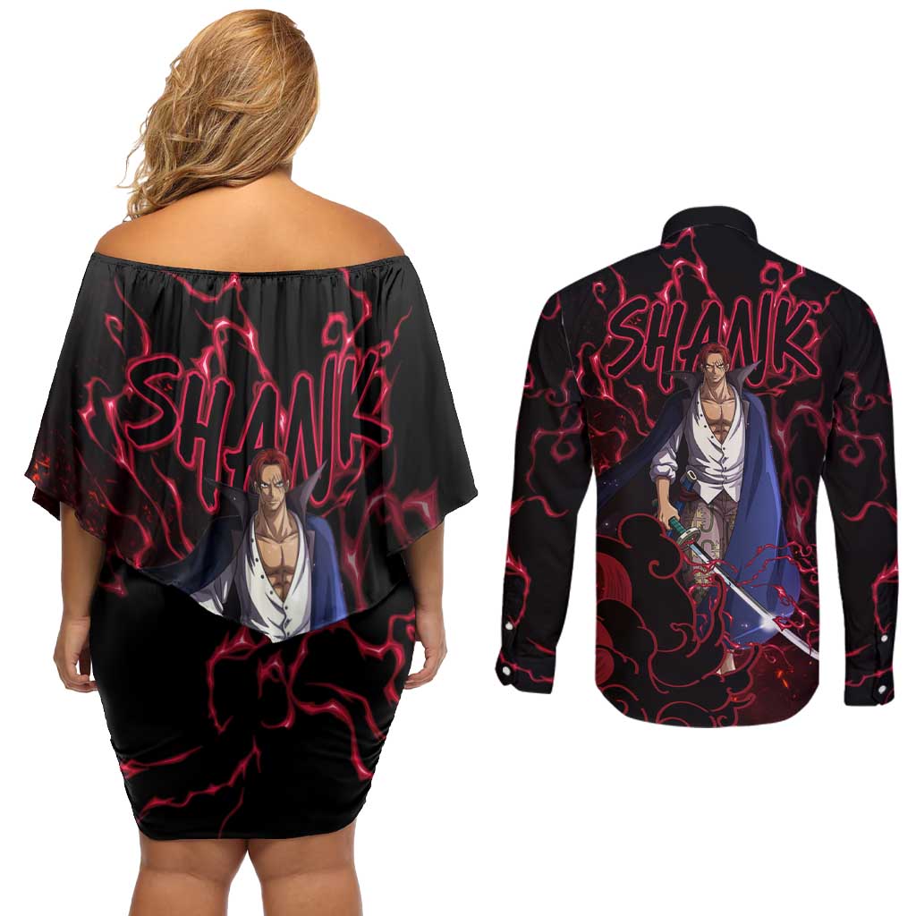 Yonko Shank - Red Hair Pirate - One Piece Couples Matching Off Shoulder Short Dress and Long Sleeve Button Shirt Haki Pattern Anime Style