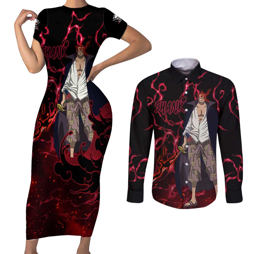 Yonko Shank - Red Hair Pirate - One Piece Couples Matching Short Sleeve Bodycon Dress and Long Sleeve Button Shirt Haki Pattern Anime Style