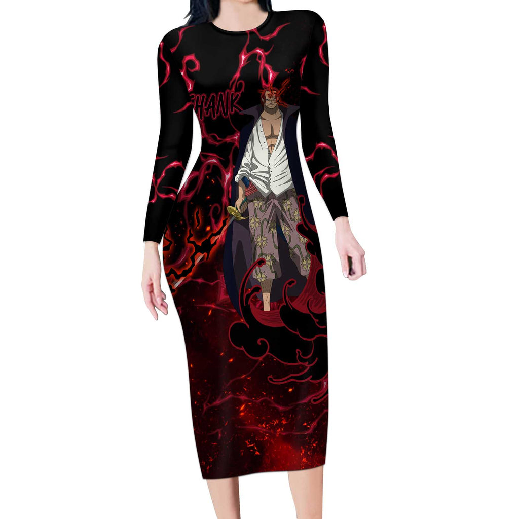 Yonko Shank - Red Hair Pirate - One Piece Long Sleeve Bodycon Dress Haki Pattern Anime Style