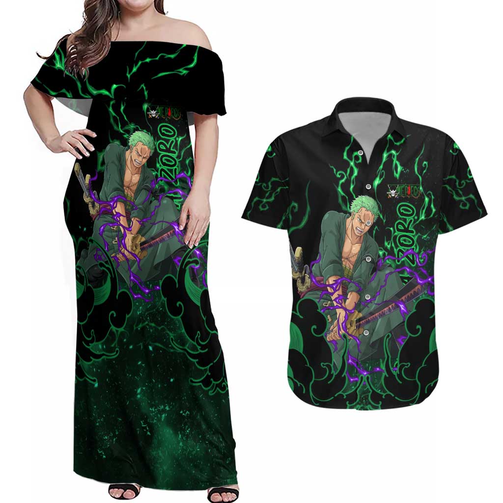 Roronoa Zoro - One Piece Couples Matching Off Shoulder Maxi Dress and Hawaiian Shirt Haki Pattern Anime Style