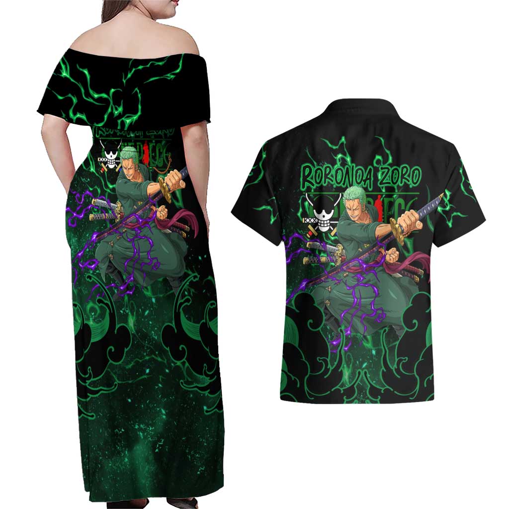 Roronoa Zoro - One Piece Couples Matching Off Shoulder Maxi Dress and Hawaiian Shirt Haki Pattern Anime Style