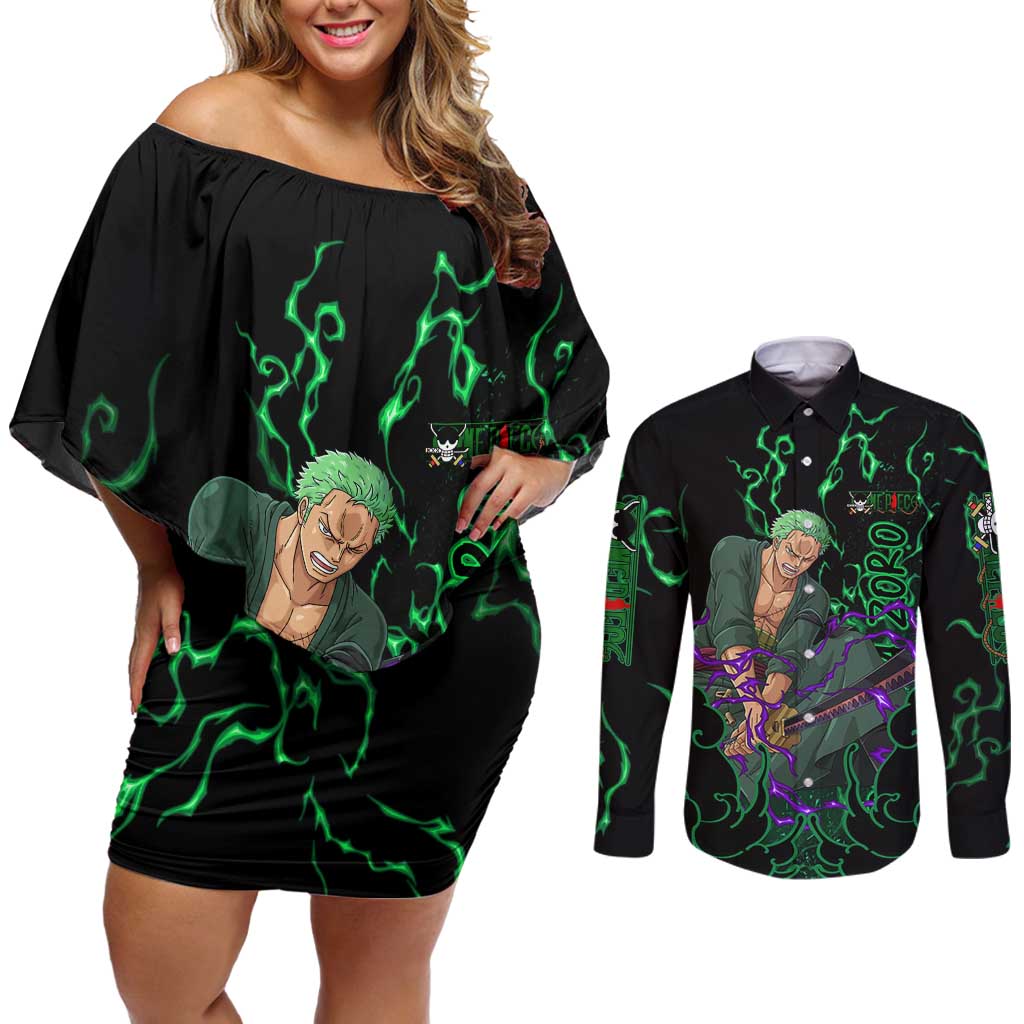 Roronoa Zoro - One Piece Couples Matching Off Shoulder Short Dress and Long Sleeve Button Shirt Haki Pattern Anime Style