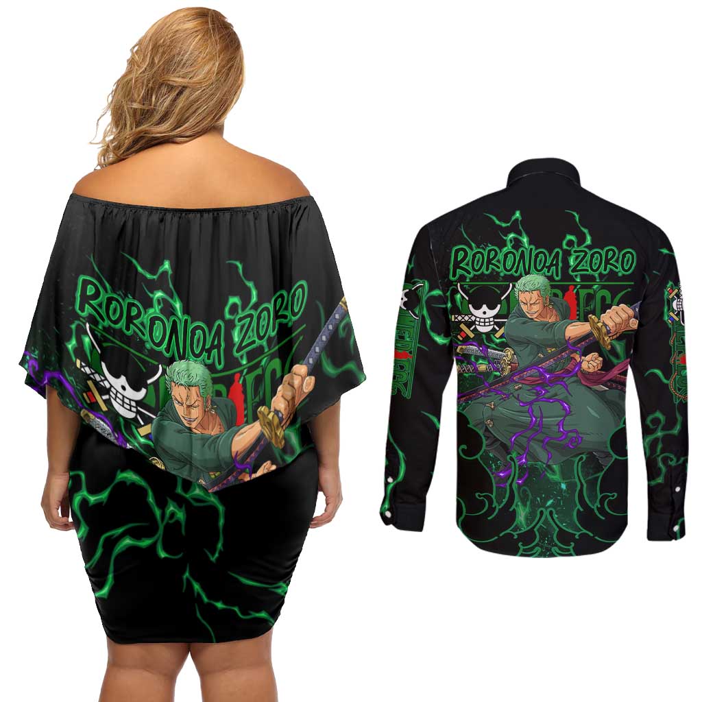 Roronoa Zoro - One Piece Couples Matching Off Shoulder Short Dress and Long Sleeve Button Shirt Haki Pattern Anime Style
