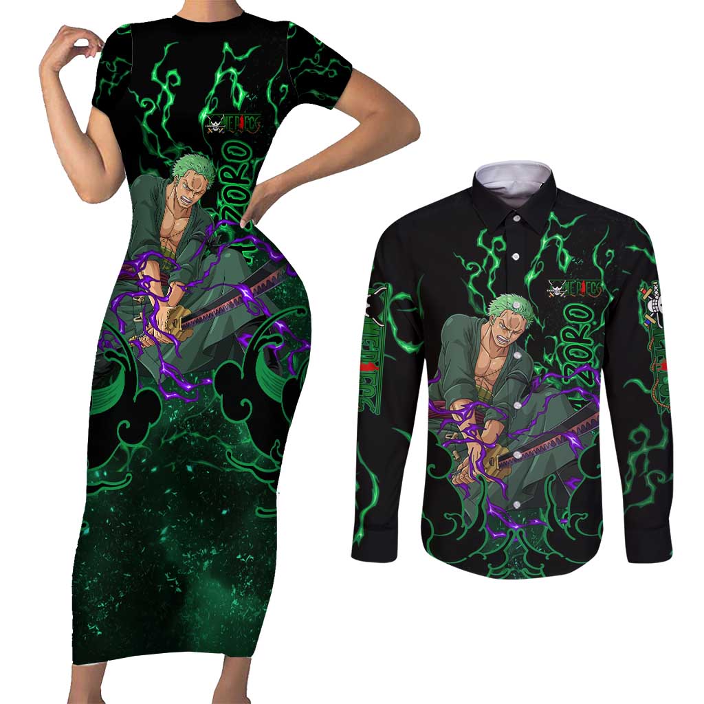 Roronoa Zoro - One Piece Couples Matching Short Sleeve Bodycon Dress and Long Sleeve Button Shirt Haki Pattern Anime Style