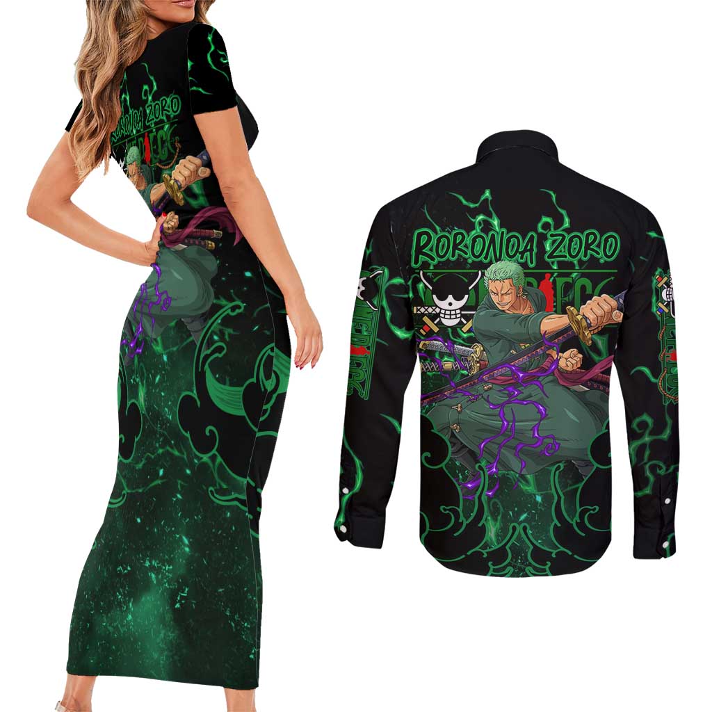 Roronoa Zoro - One Piece Couples Matching Short Sleeve Bodycon Dress and Long Sleeve Button Shirt Haki Pattern Anime Style