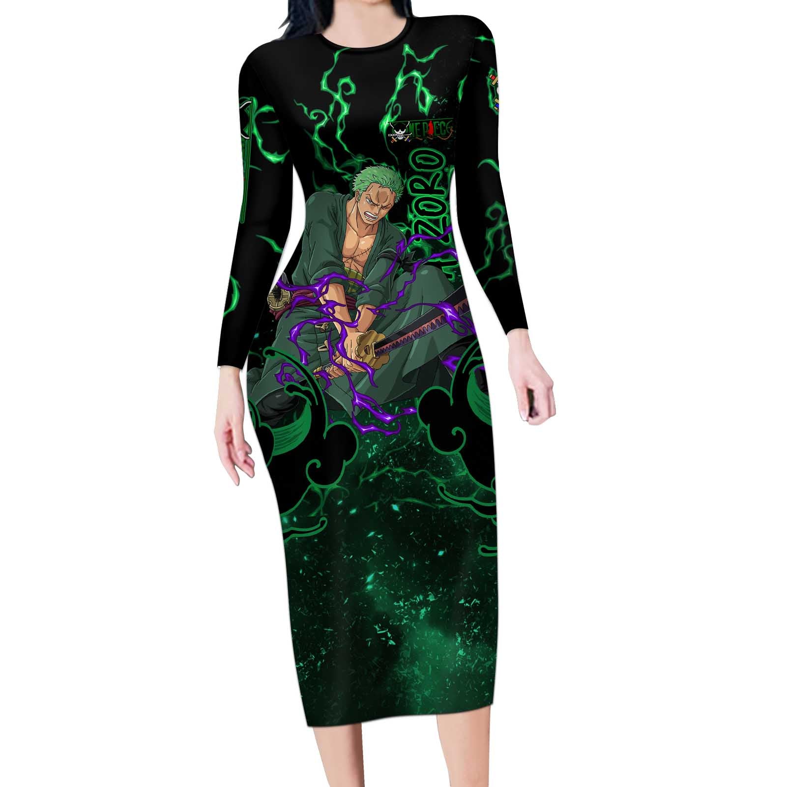 Roronoa Zoro - One Piece Long Sleeve Bodycon Dress Haki Pattern Anime Style