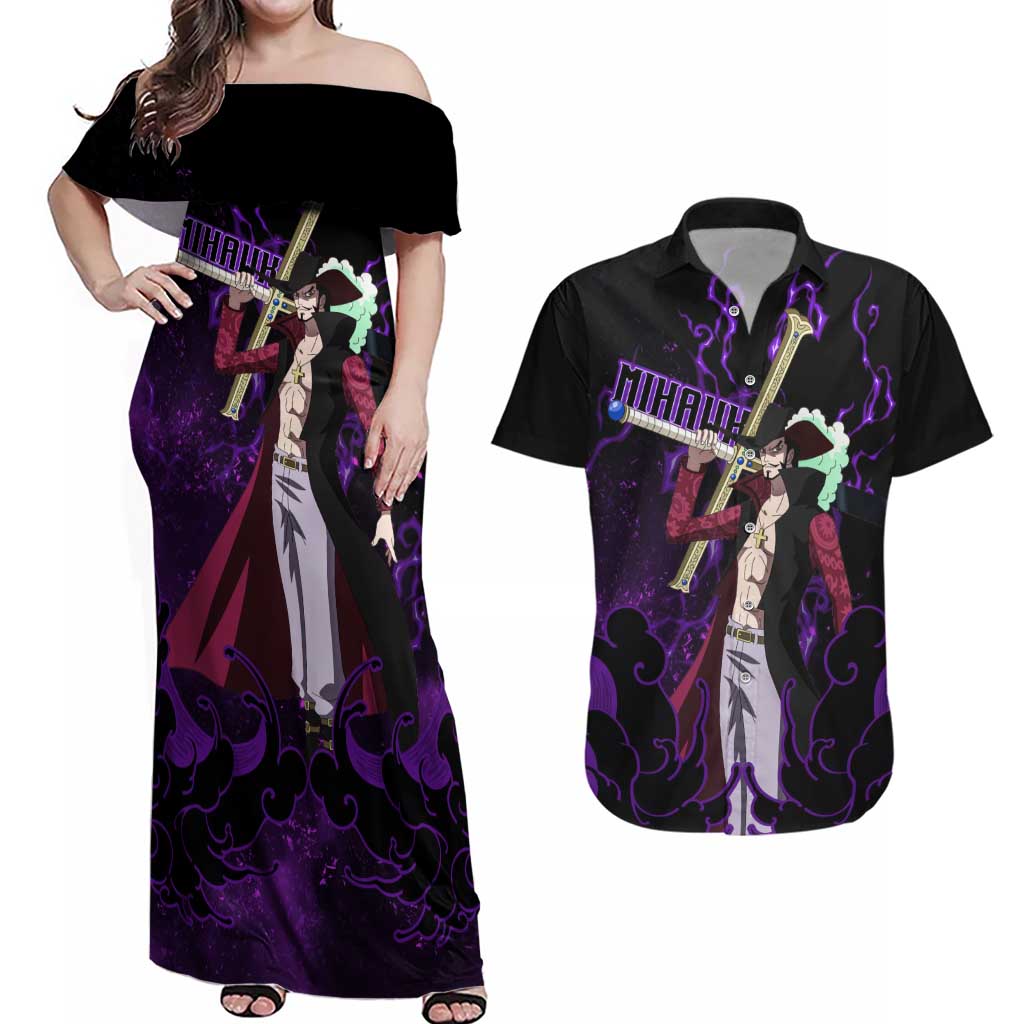 Dracule Mihawk - One Piece Couples Matching Off Shoulder Maxi Dress and Hawaiian Shirt Haki Pattern Anime Style