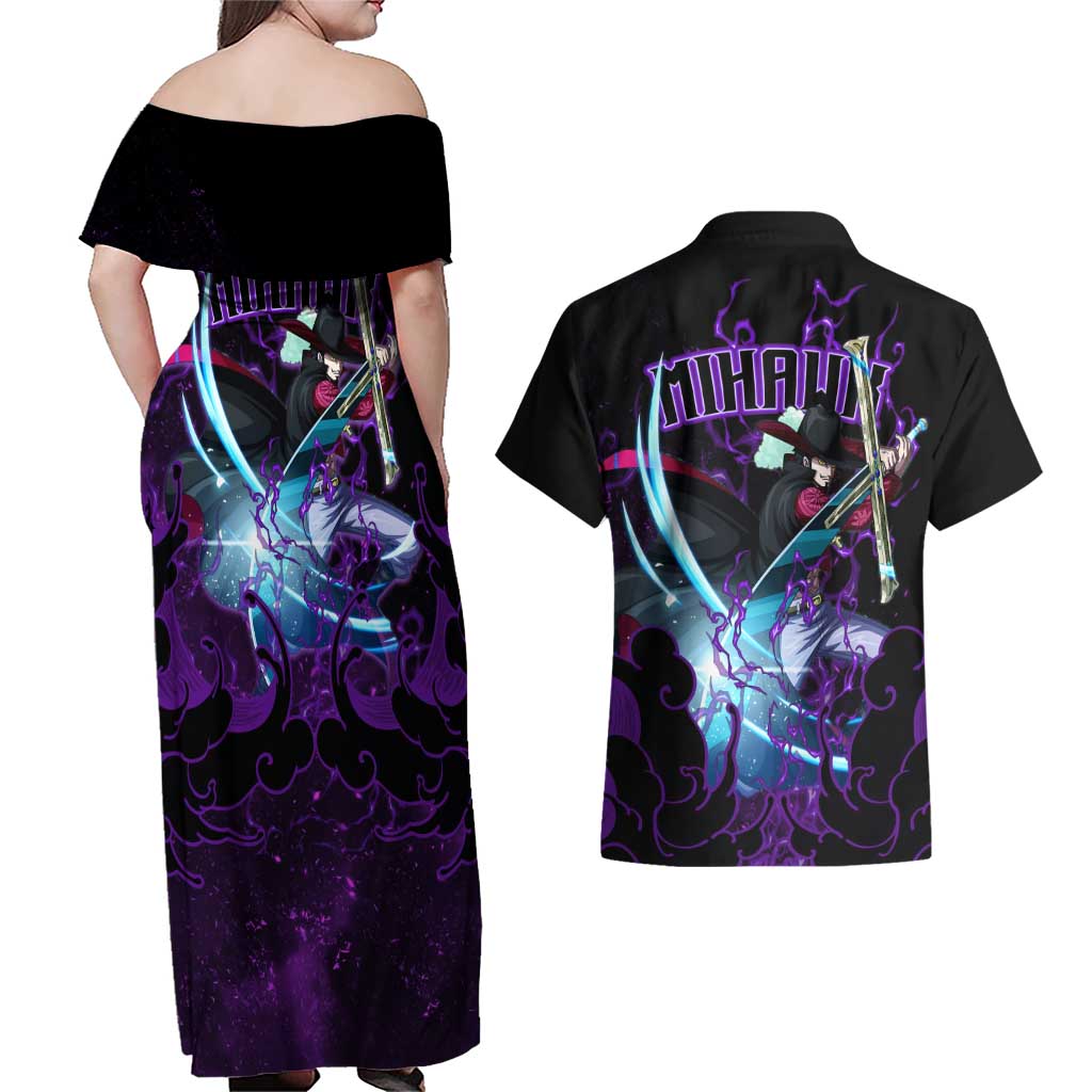 Dracule Mihawk - One Piece Couples Matching Off Shoulder Maxi Dress and Hawaiian Shirt Haki Pattern Anime Style