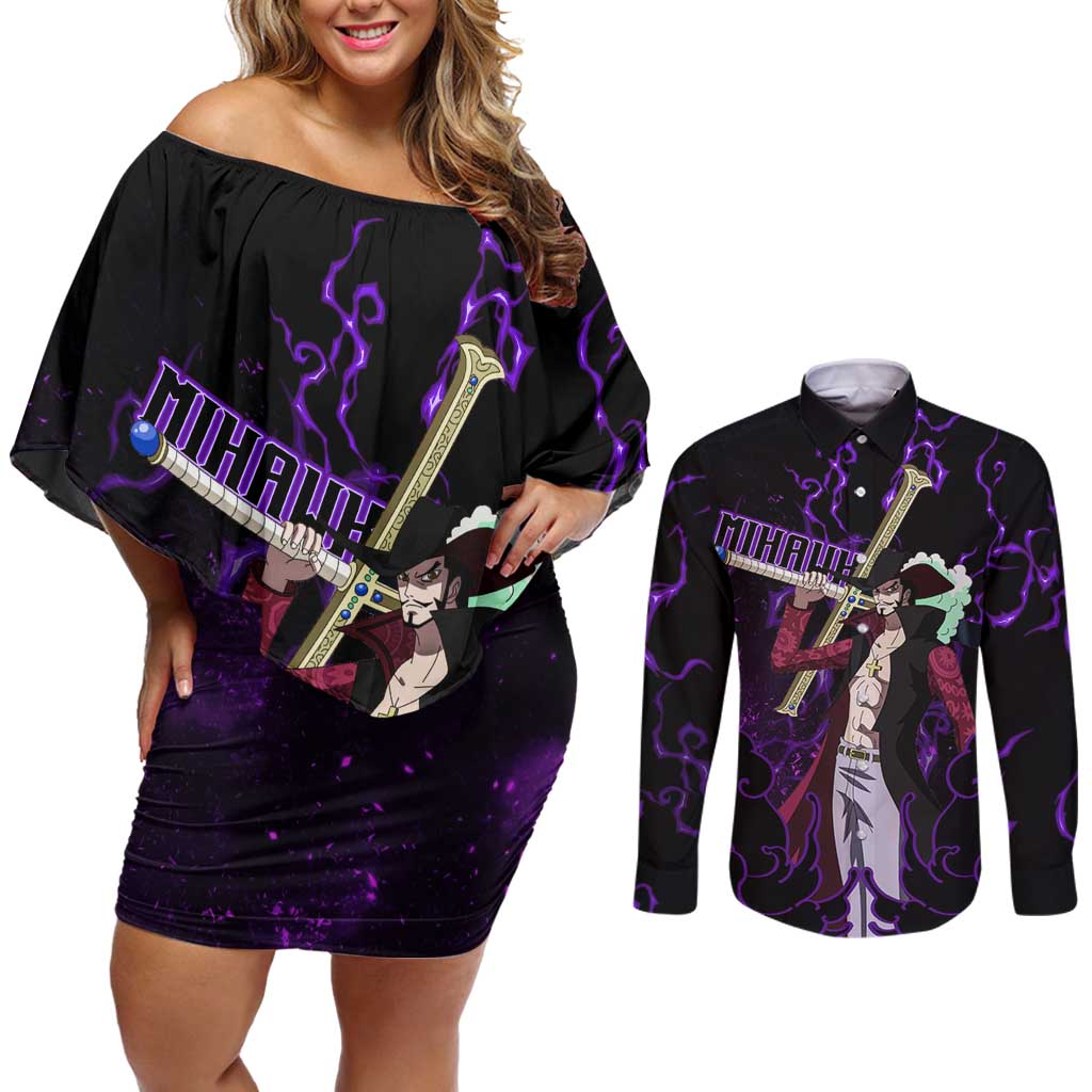 Dracule Mihawk - One Piece Couples Matching Off Shoulder Short Dress and Long Sleeve Button Shirt Haki Pattern Anime Style